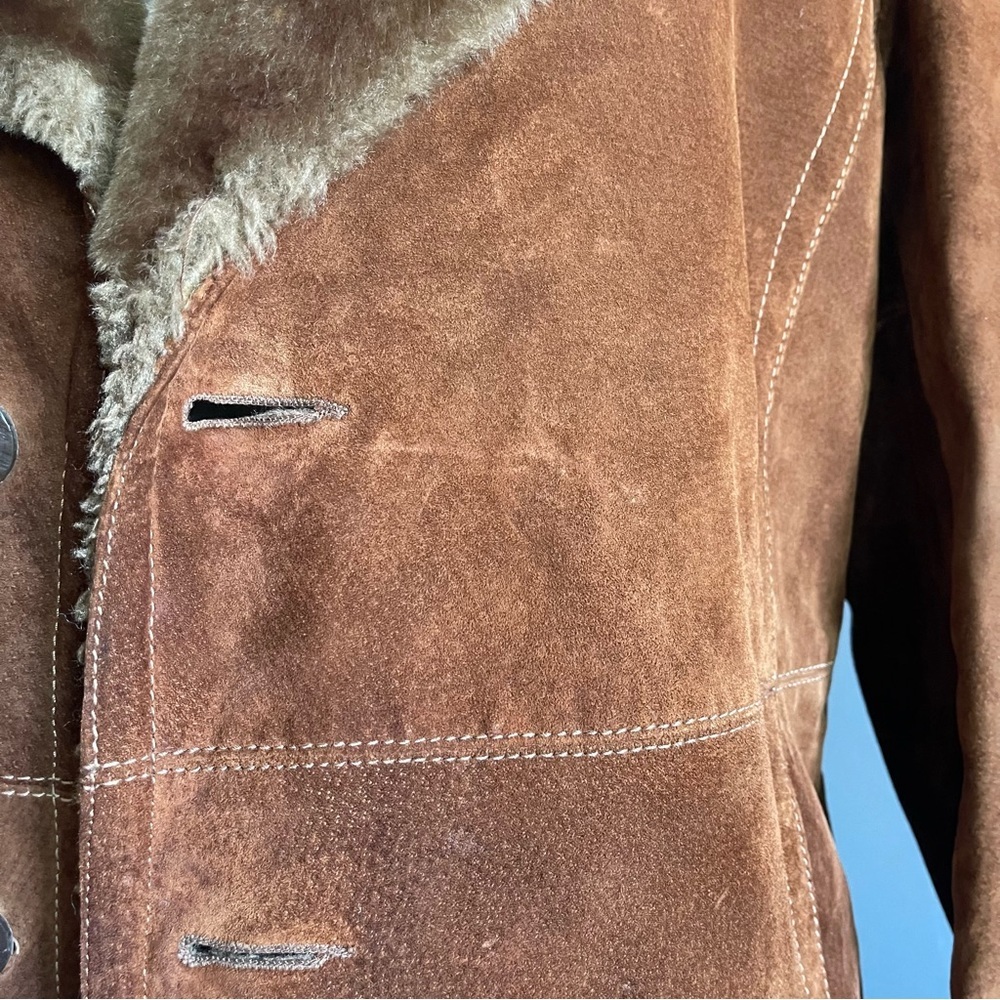 Vintage Shearling Suede Coat Saddle Brown 70s Ranch Cabincore Heritage Outdoor - Picture 3 of 8
